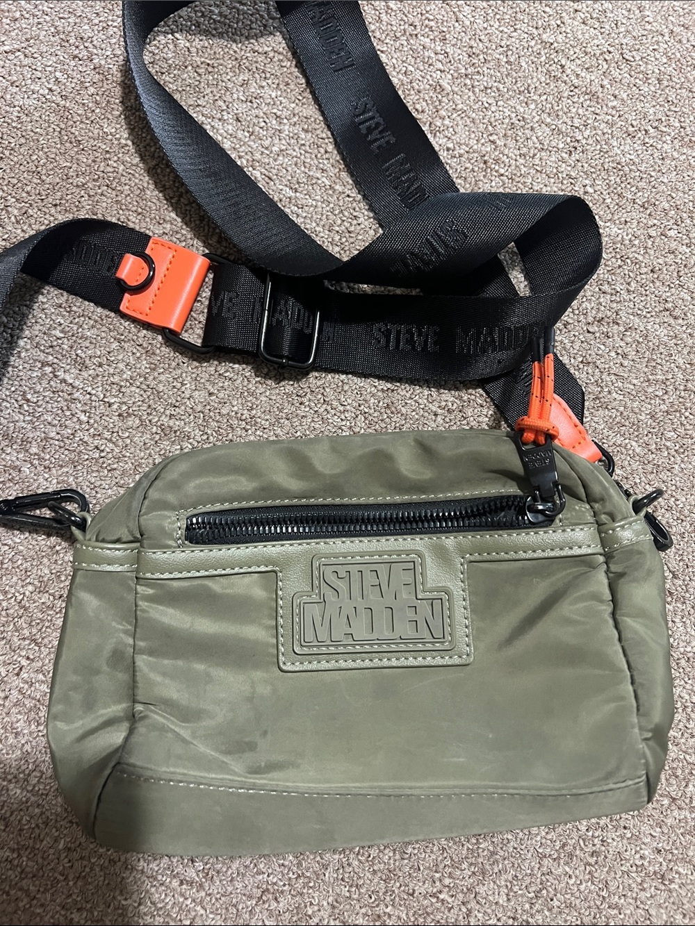 Steve Madden Olive Nylon Belt Bag with Black Strap and Orange Accents